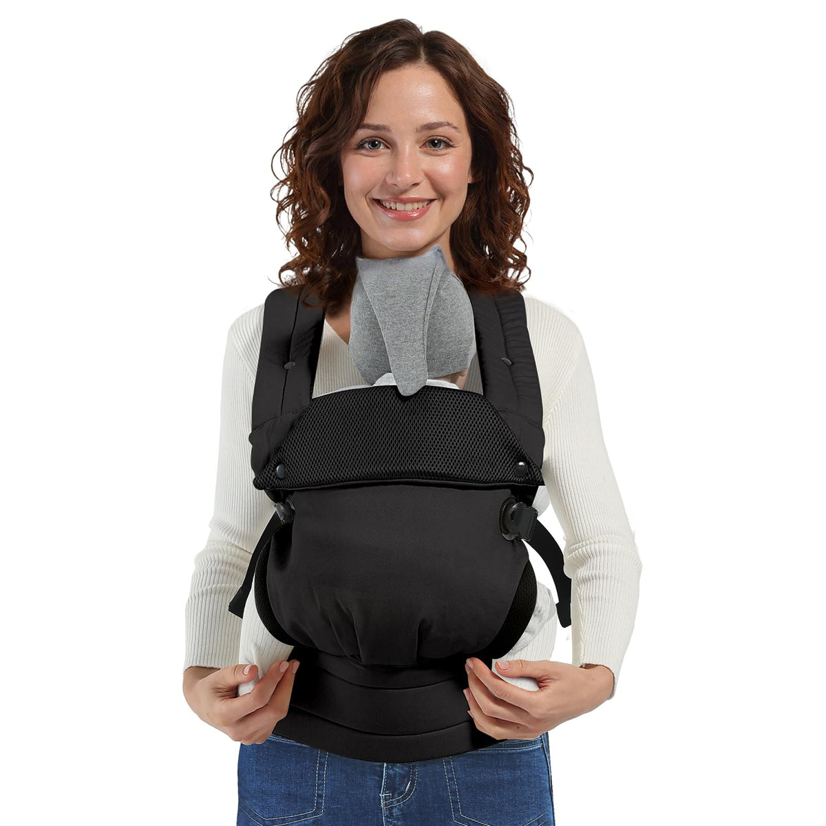 MISSWISDOM baby carrier with back-cross design supports all-day comfortable wear.