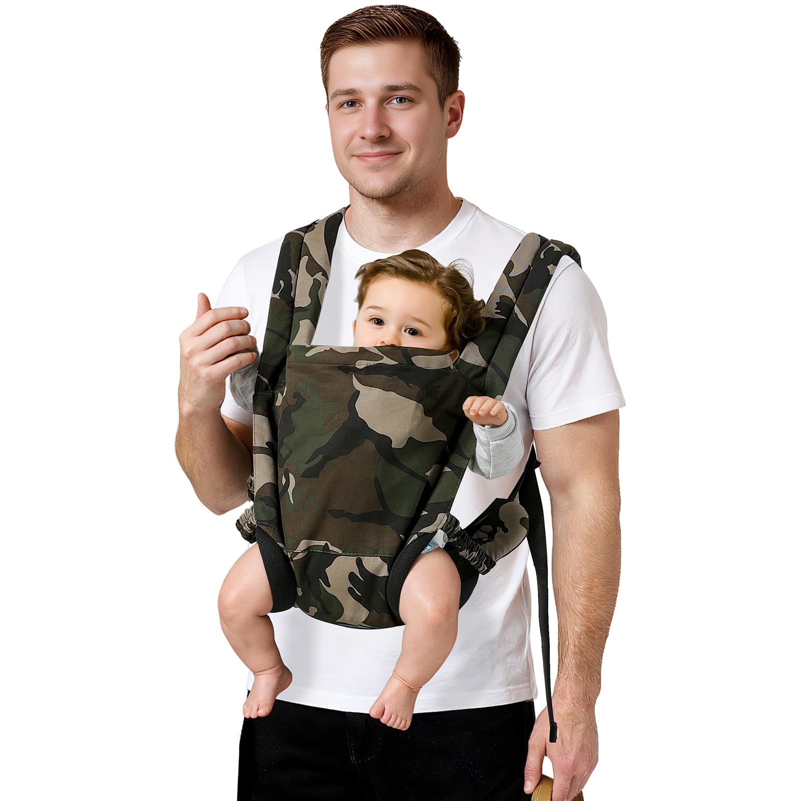 MISSWISDOM camouflage baby carrier front view for secure hands-free outings