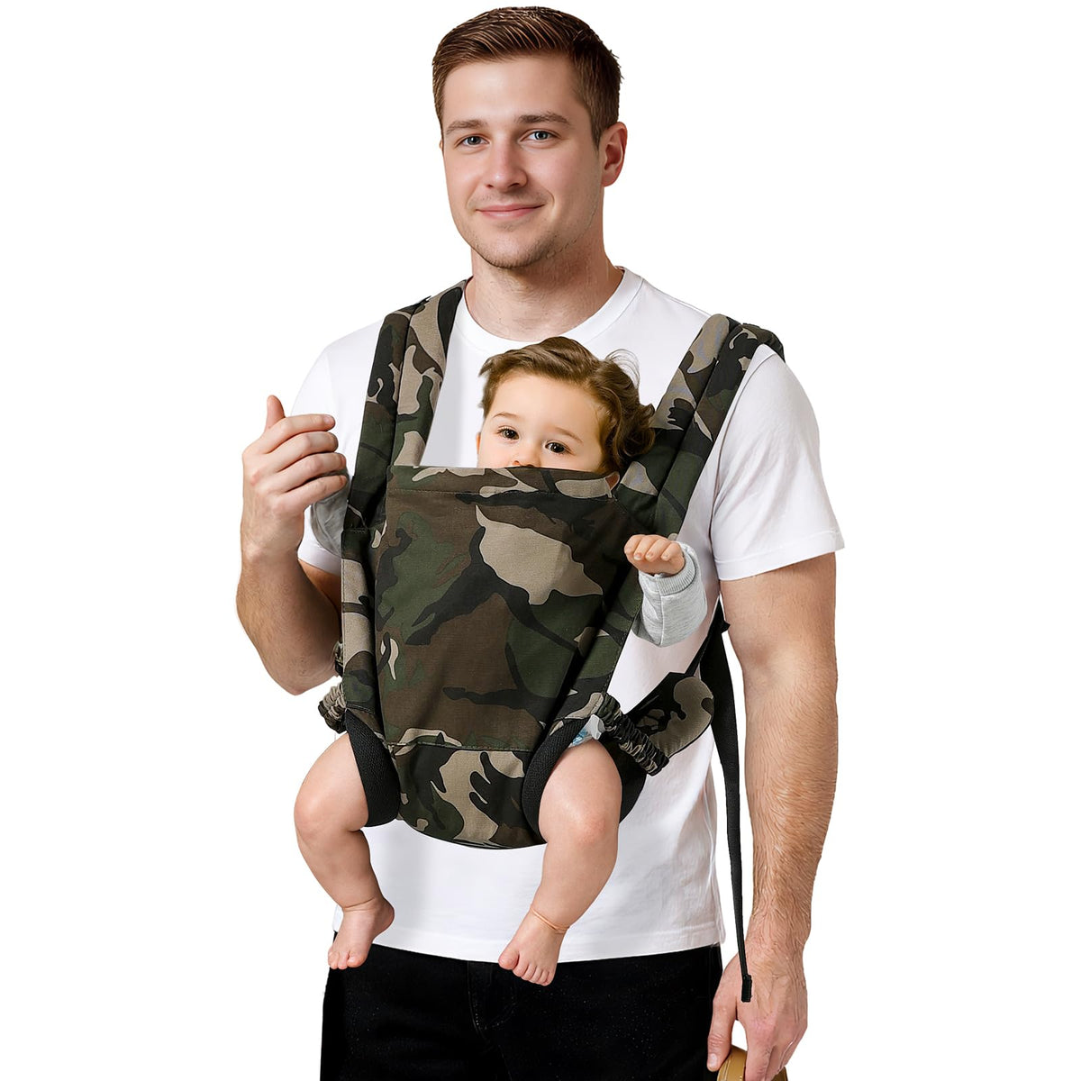 MISSWISDOM camouflage baby carrier front view for secure hands-free outings