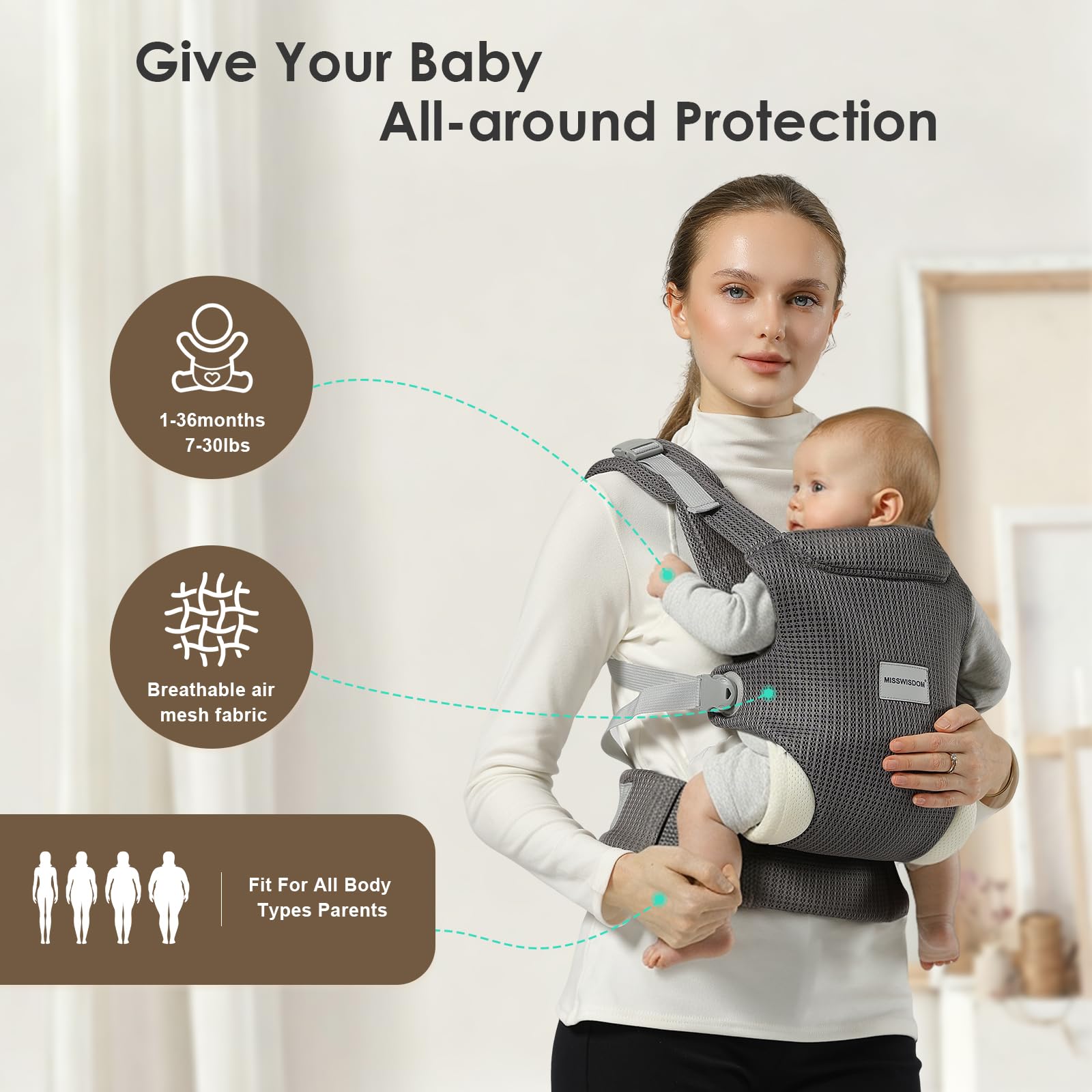 Misswisdom front-facing infant carrier for quick, convenient positioning.