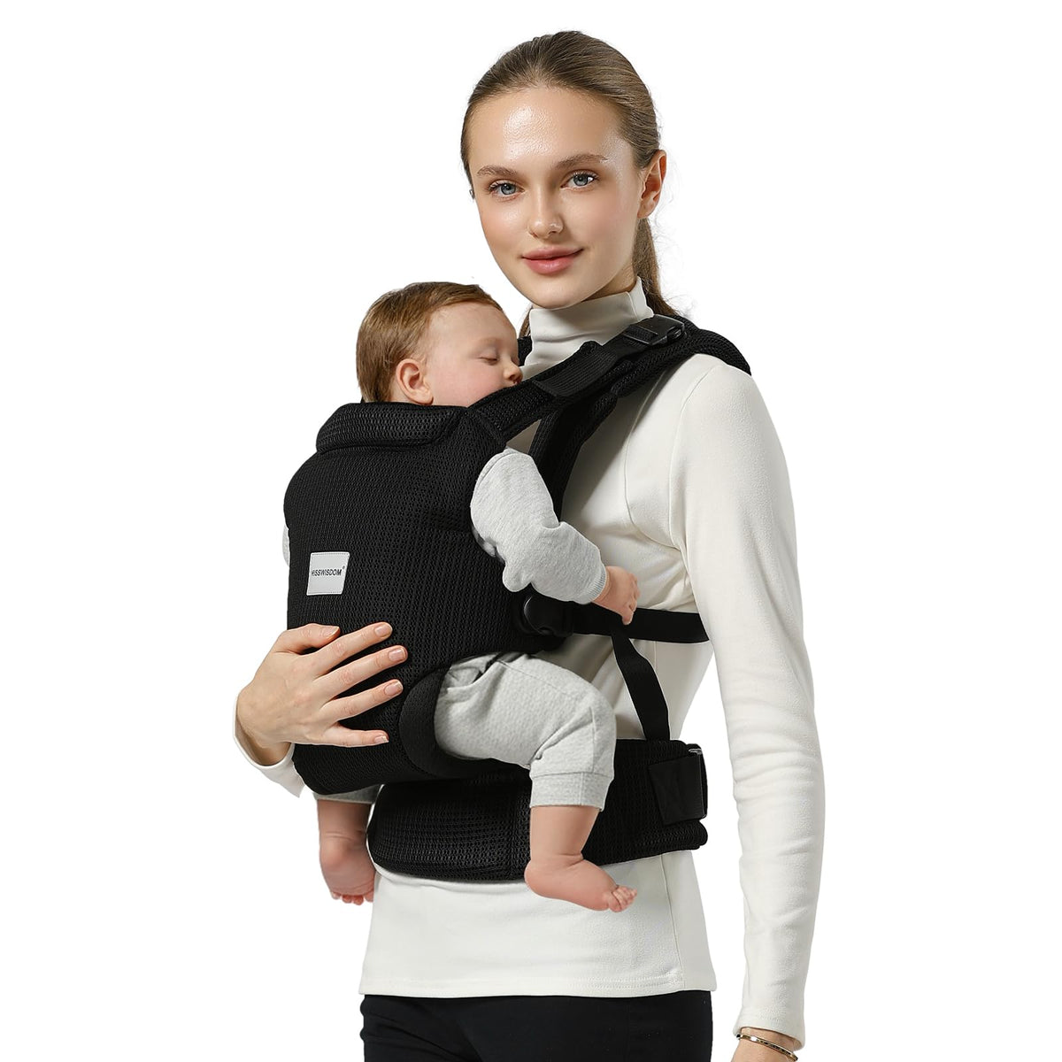 MISSWISDOM baby carrier front view shows adjustable fit for growing infants