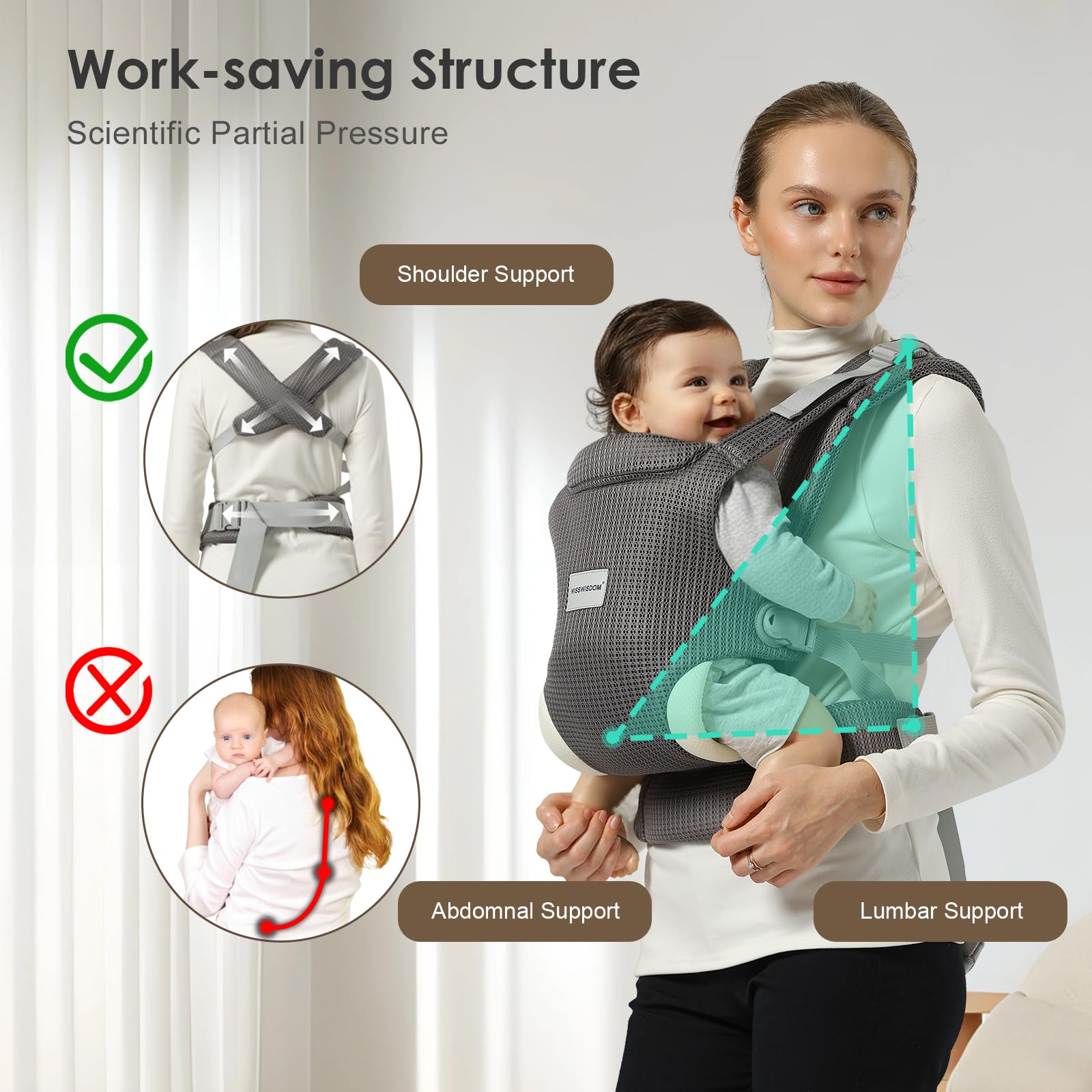 Misswisdom one-size-fits-all adjustable carrier fits a wide range of caregivers and babies.