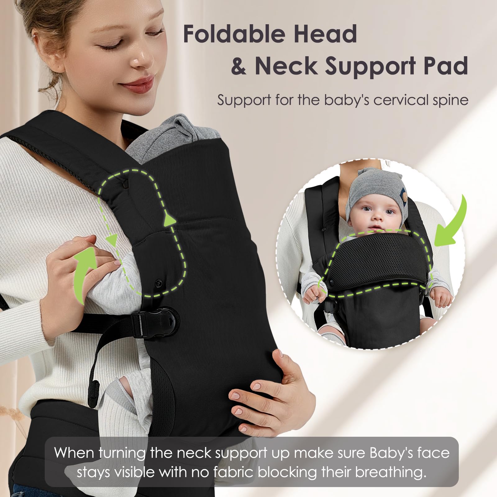 MISSWISDOM carrier features wide shoulder straps for balanced, strain-free carrying.