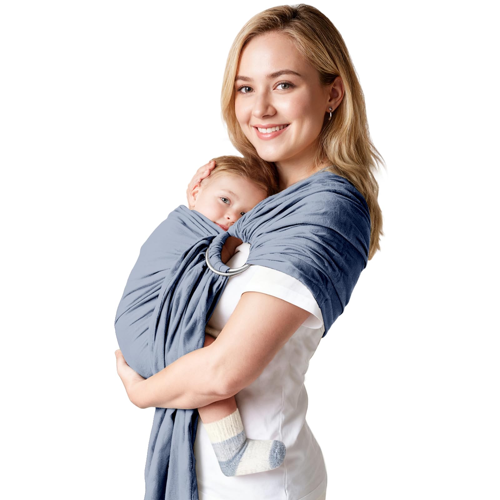 MISSWISDOM baby ring sling blue, front view, supports secure and comfortable hands-free carry for newborns.