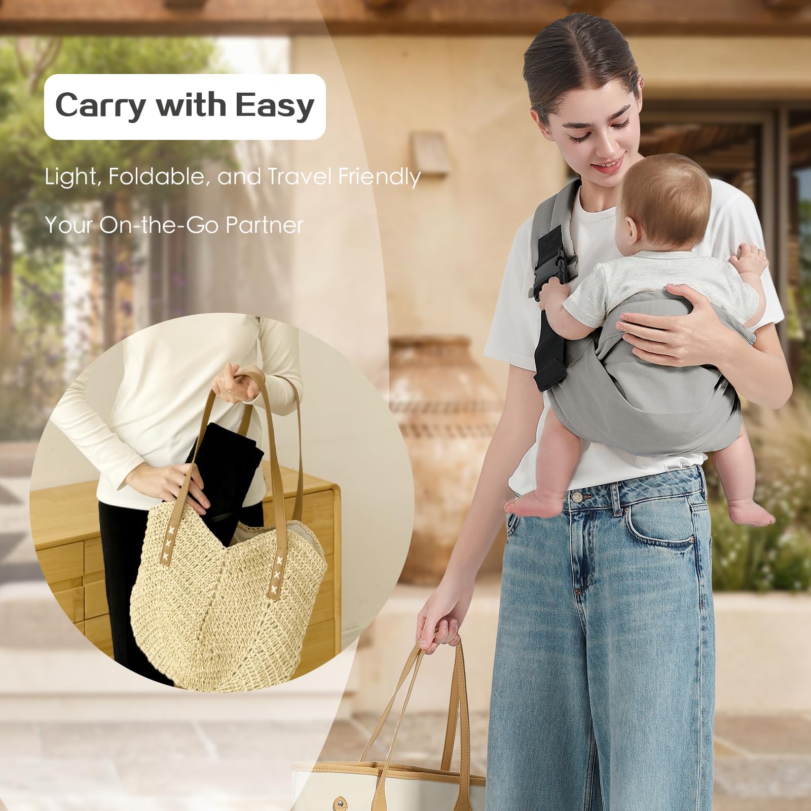 MISSWISDOM sling folded compactly for travel in grey