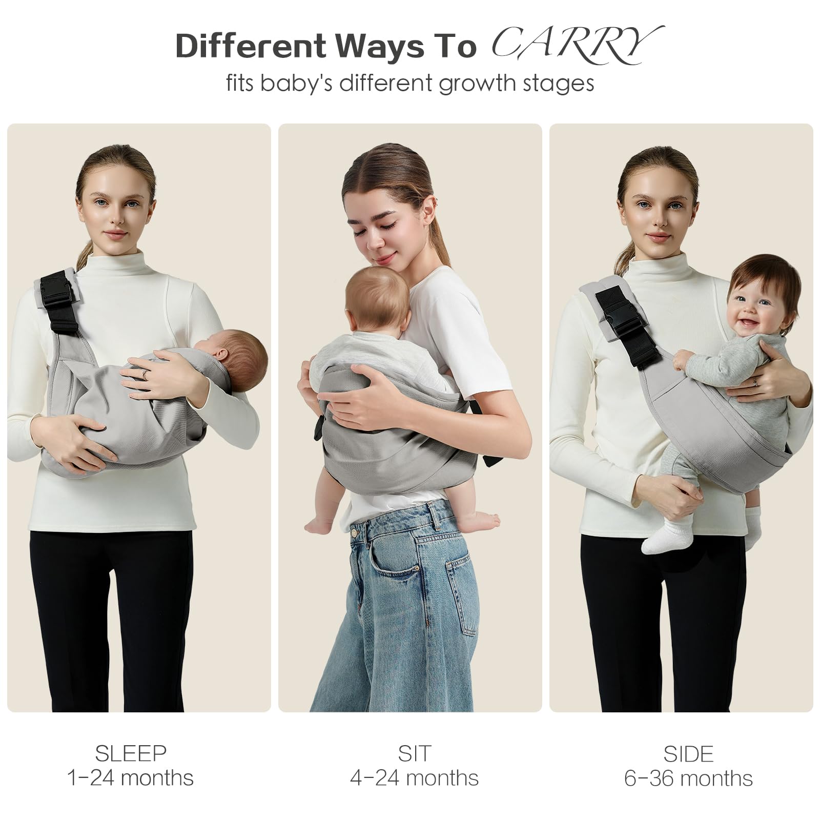 MISSWISDOM baby sling showing front and back safety buckles in grey