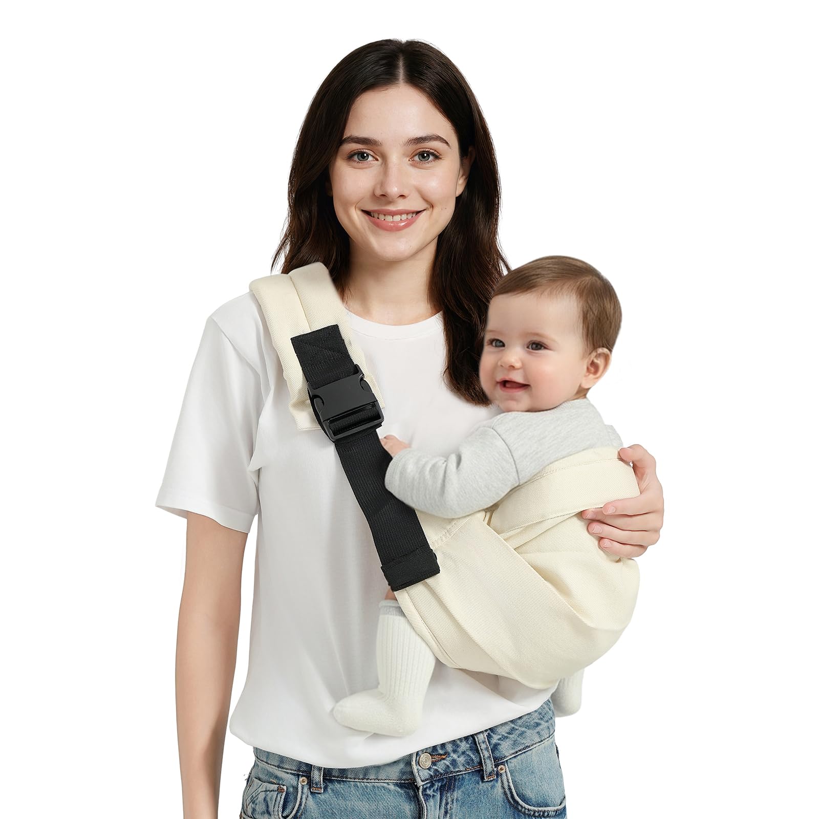 MISSWISDOM baby sling with front buckle closure for secure newborn support.