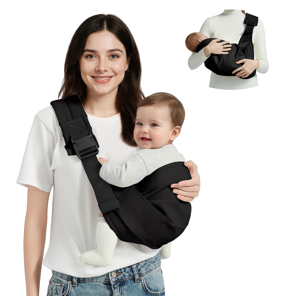 MISSWISDOM baby sling front buckle view showing secure fit for daily carry