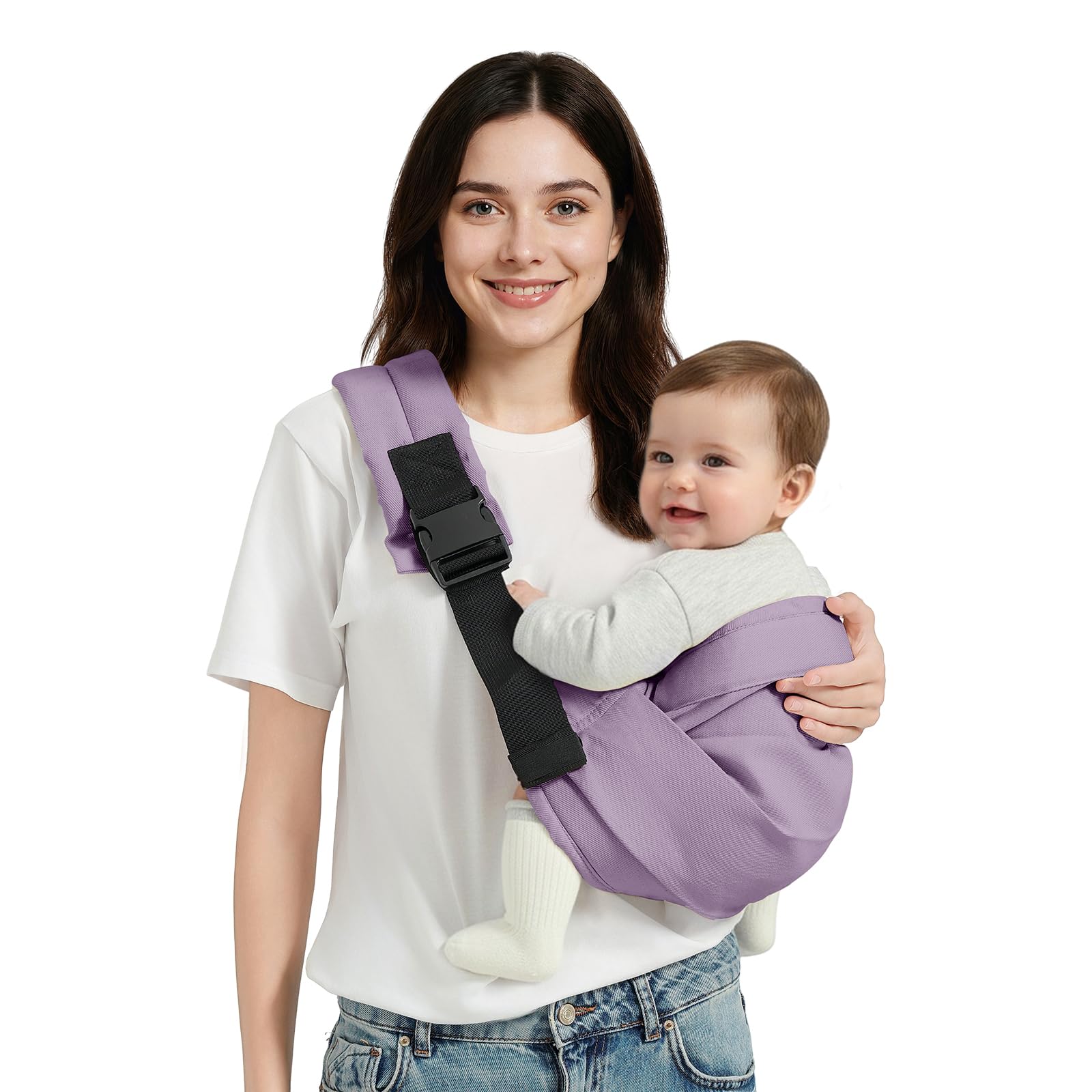 MISSWISDOM baby sling carrier front view with hip-healthy ergonomic harness for comfort.