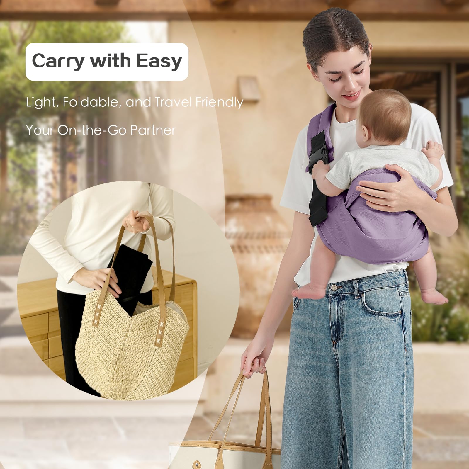 MISSWISDOM baby sling carrier in purple highlights stylish, portable babywear on outings.