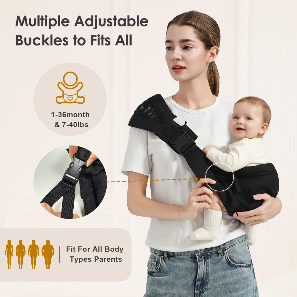 MISSWISDOM baby sling shows wide-shoulder-strap for even weight distribution.