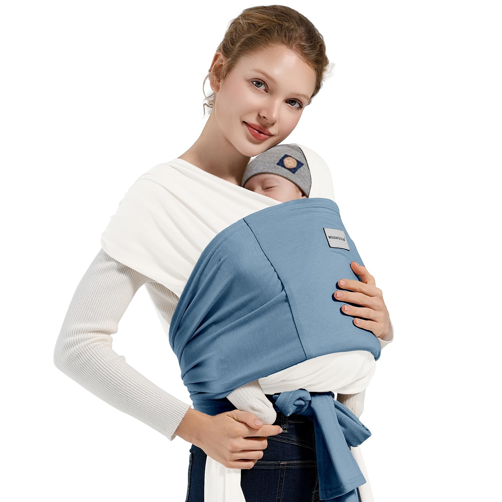MISSWISDOM Baby Wraps Carrier demonstrates ergonomic M-shape for natural hip support.