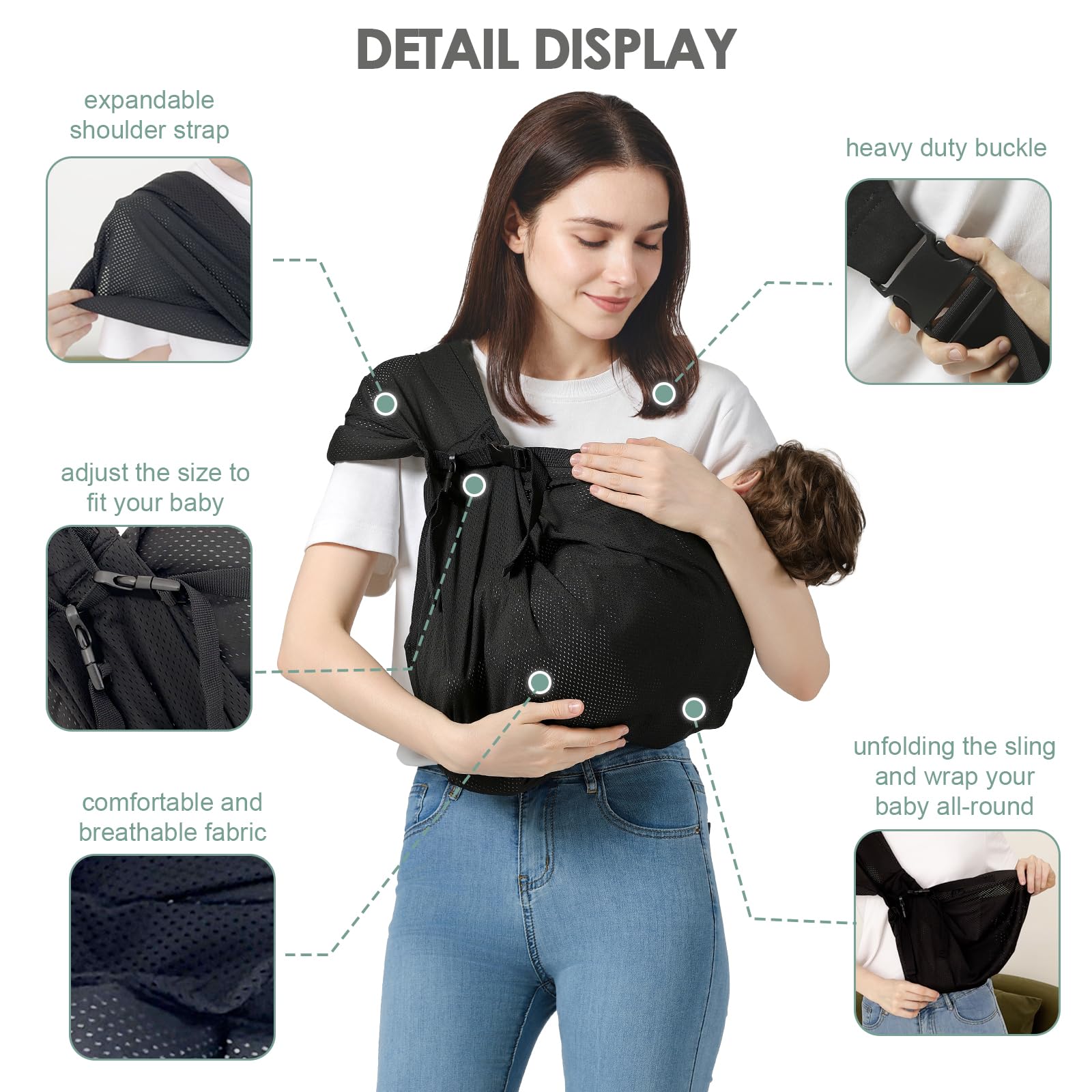 MISSWISDOM ergonomic M-seat supports baby's hips in a natural position.
