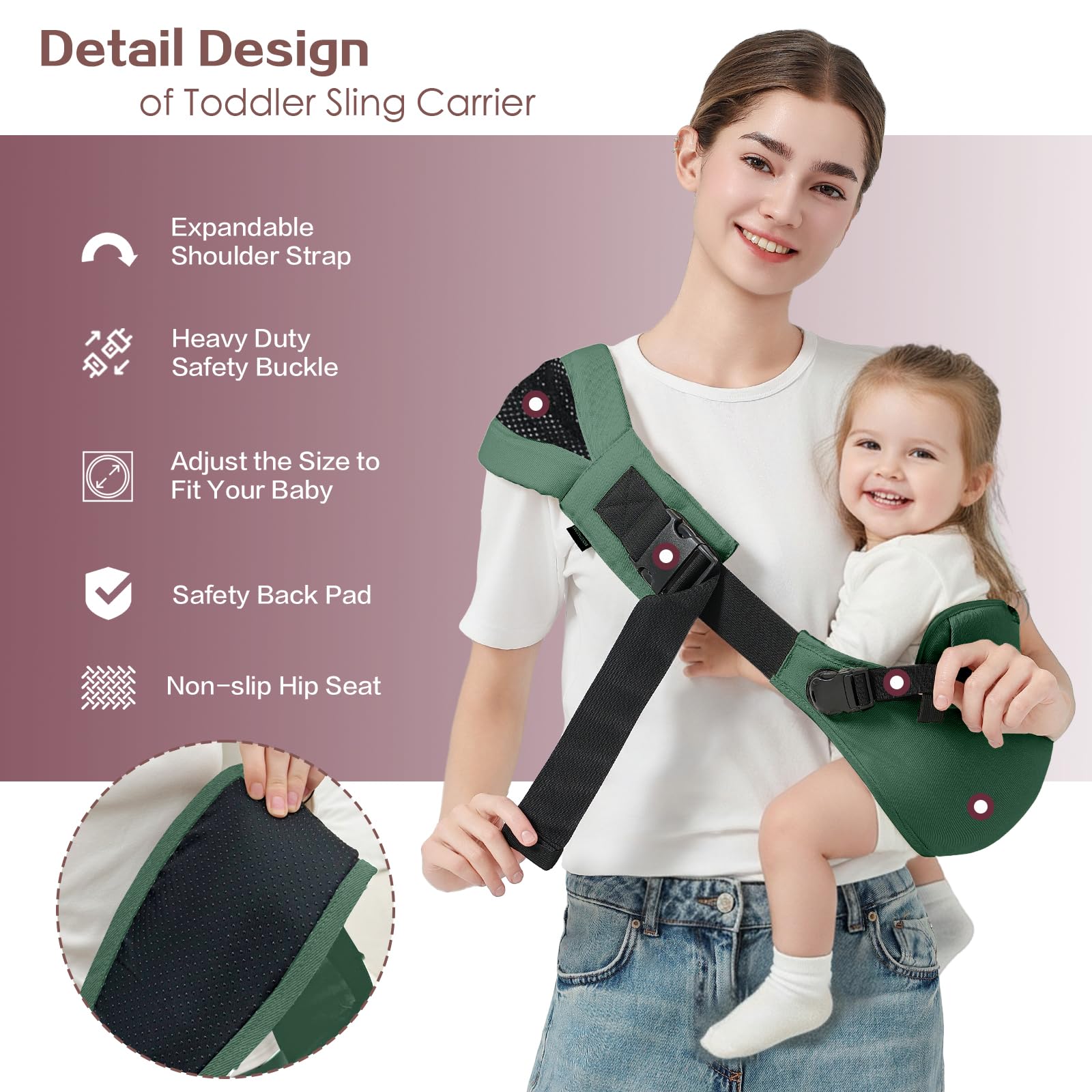 MISSWISDOM sling displaying ergonomic M-shaped hip design for proper posture