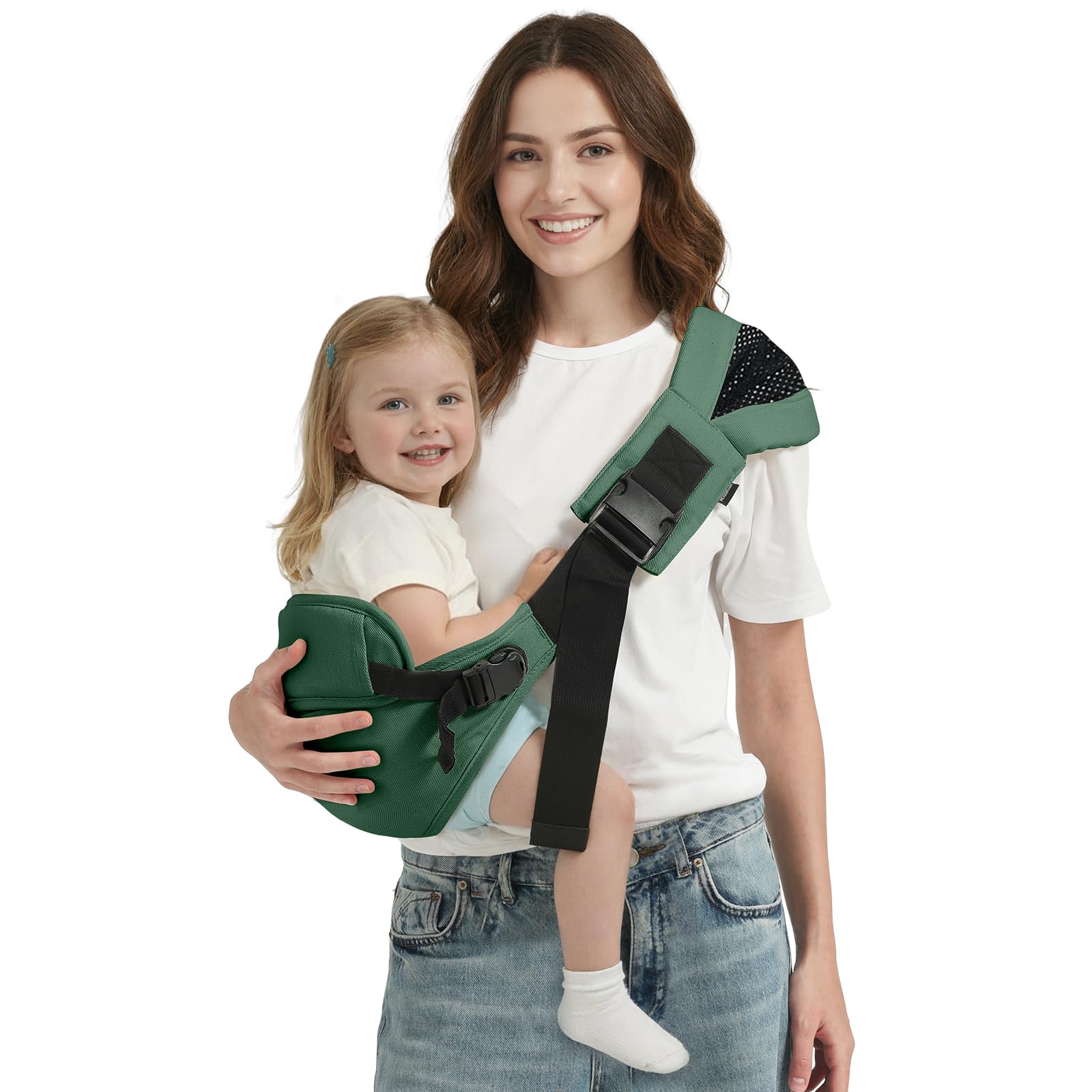 MISSWISDOM toddler sling showing expanded shoulder strap for reduced fatigue during wear