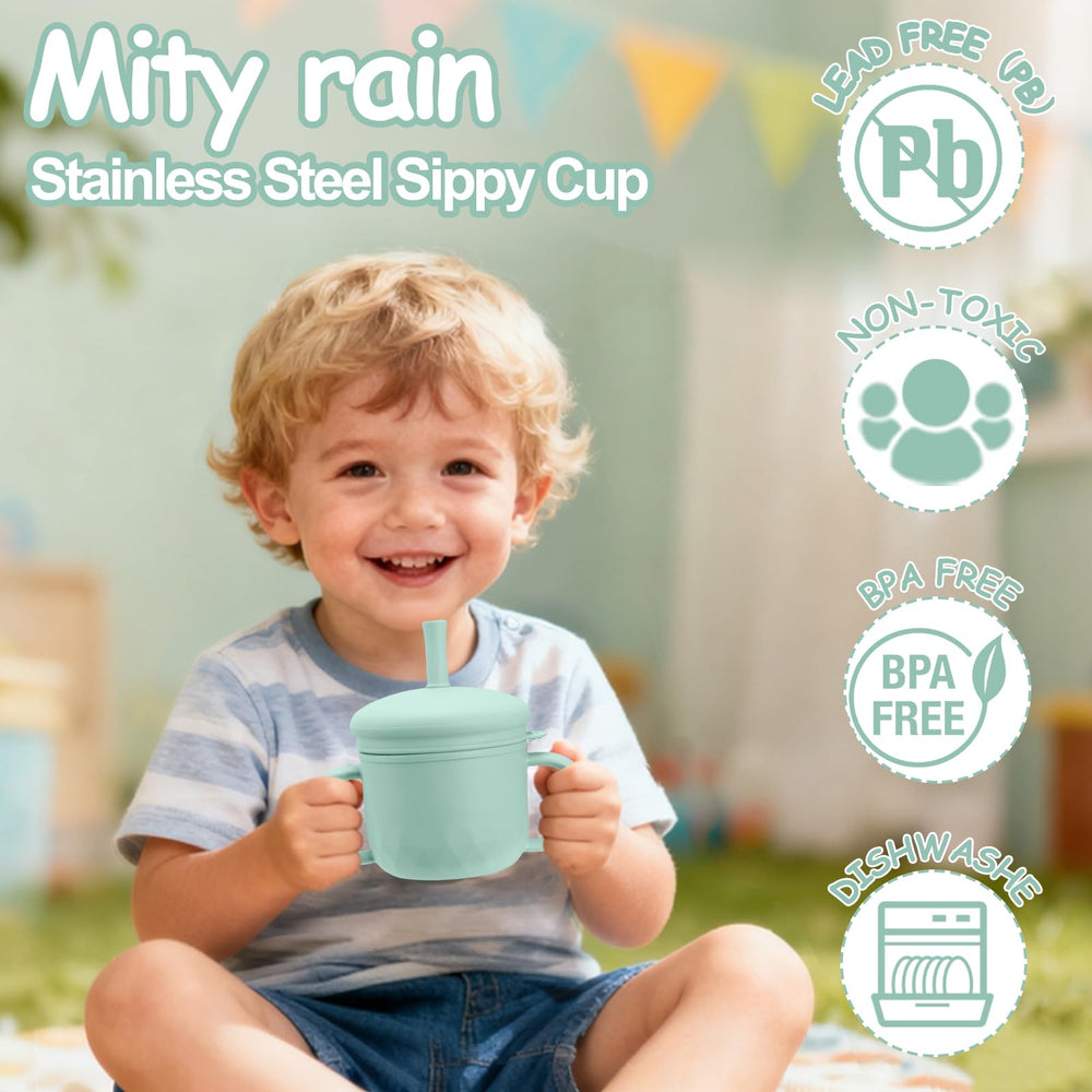 Mity Rain stainless steel cup open training lid for independent sipping.