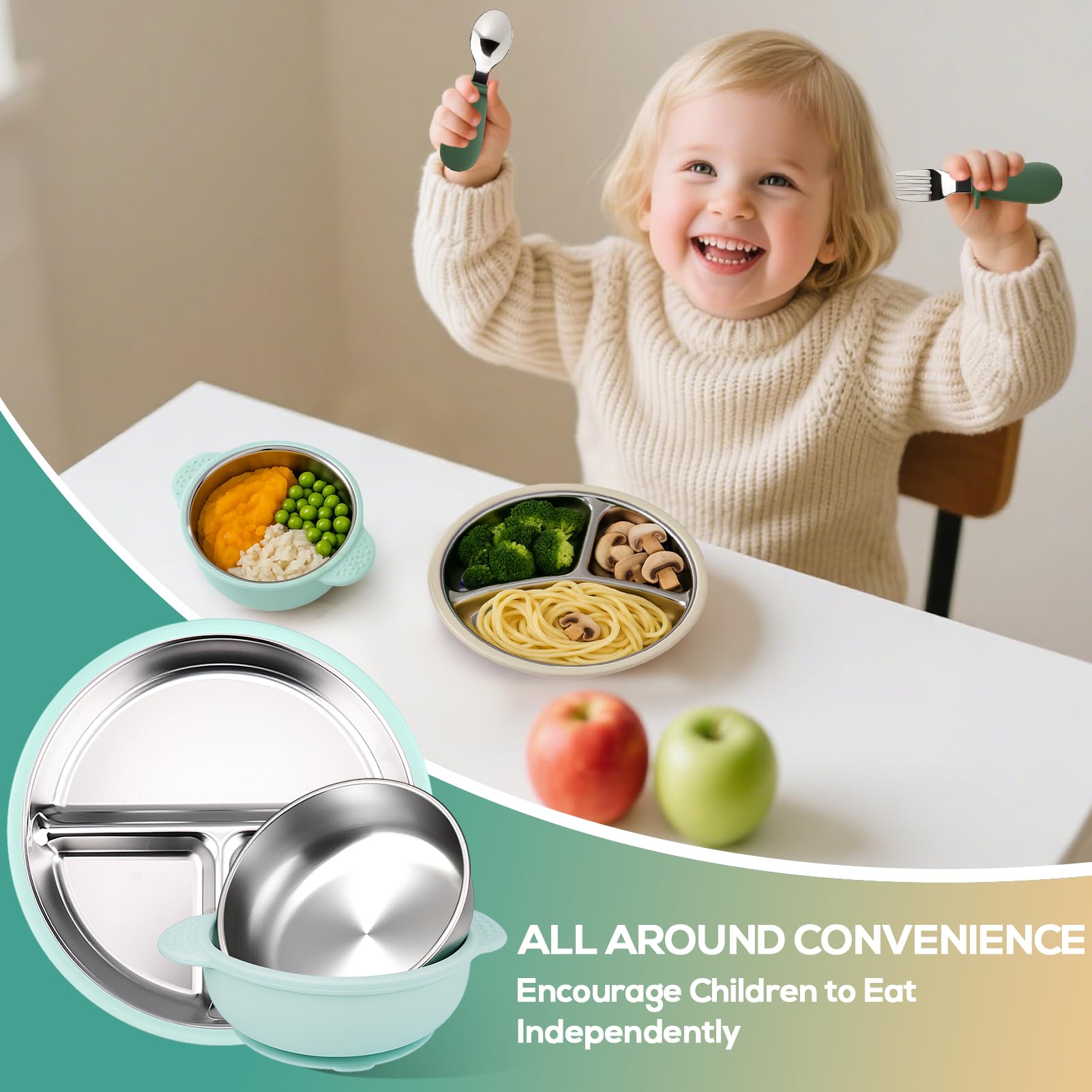 Mity rain four-point suction base grips smooth surfaces during meals.