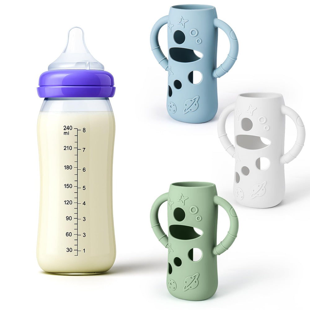 Mity rain silicone sleeve on Lansinoh 8 oz bottle protects against drops and improves grip.
