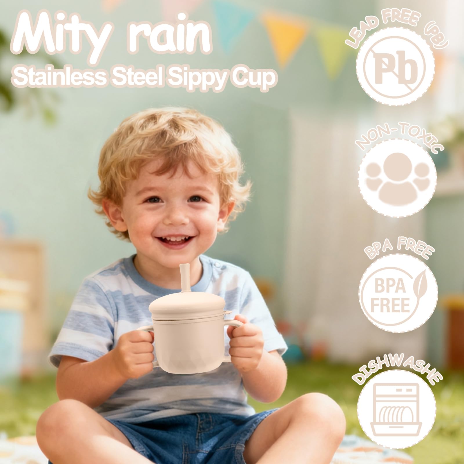 Mity rain stainless steel sippy cup with silicone straw for gentle sipping