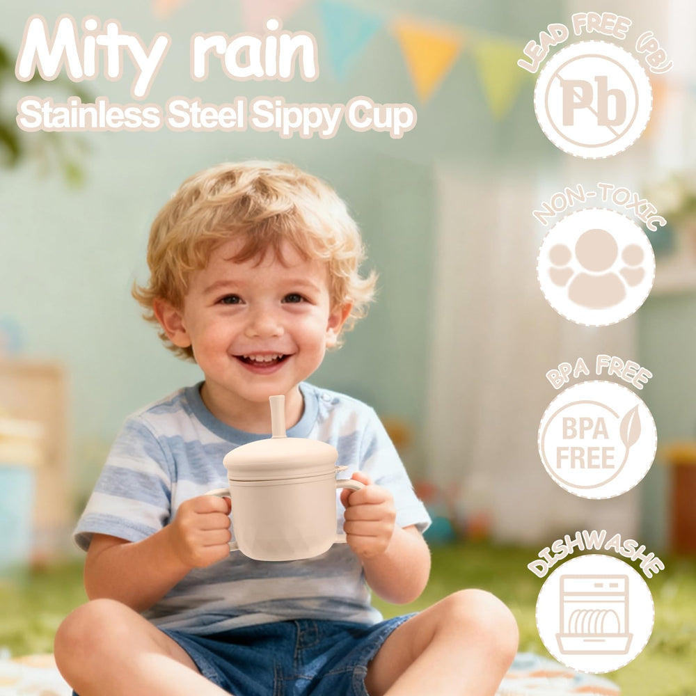 Mity rain stainless steel sippy cup with silicone straw for gentle sipping