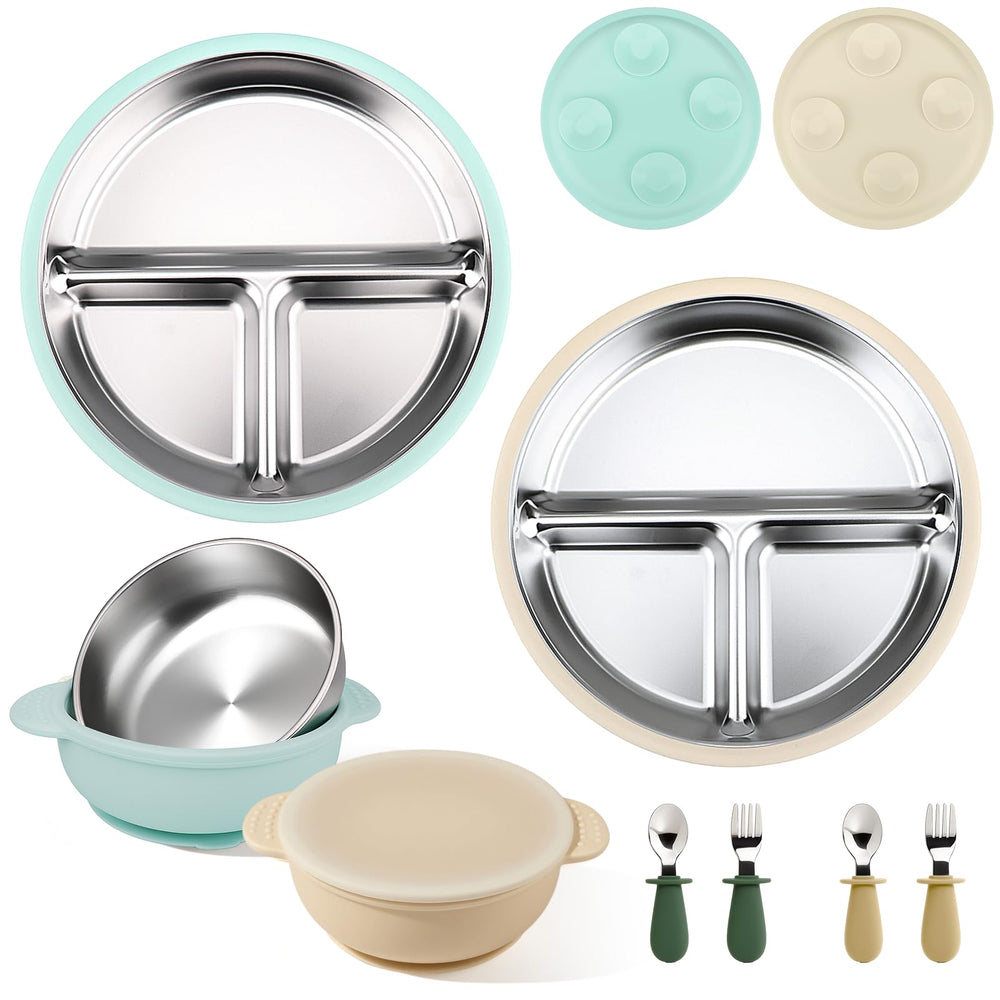 Mity rain stainless steel toddler plate with suction base keeps meals in place.