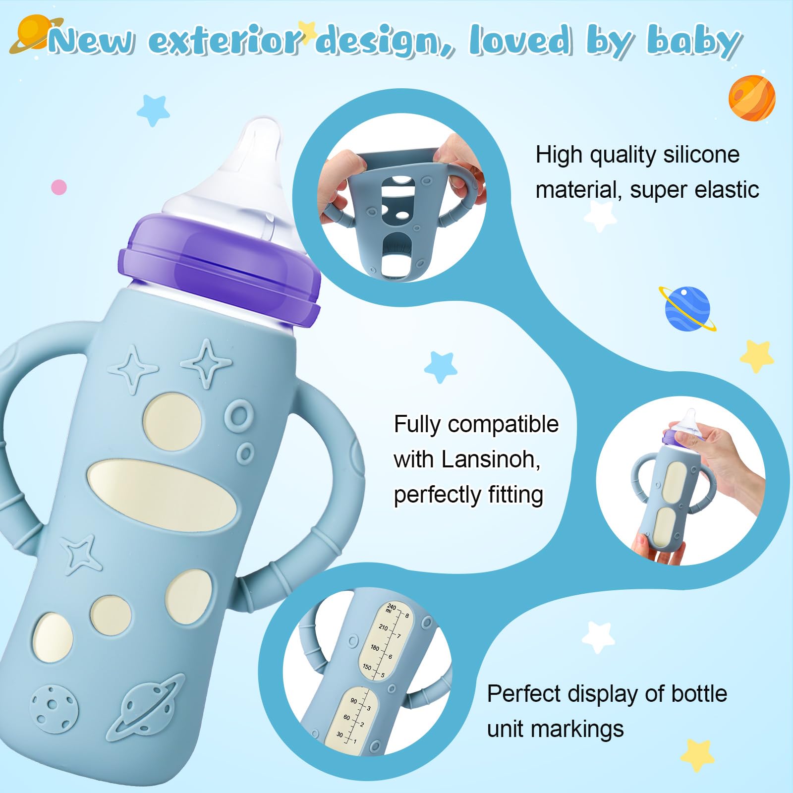 Mity rain sleeve fits Lansinoh 8 oz glass bottles with handles.