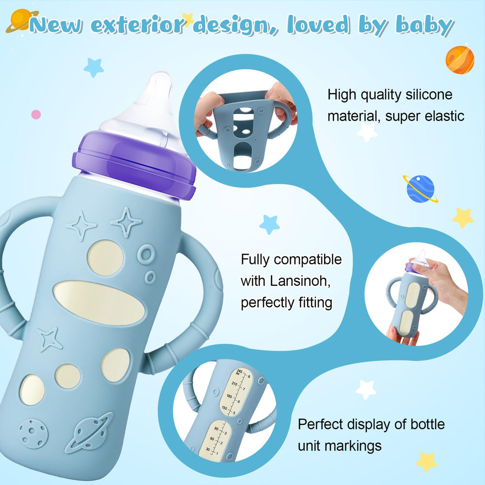 Mity rain sleeve fits Lansinoh 8 oz glass bottles with handles.