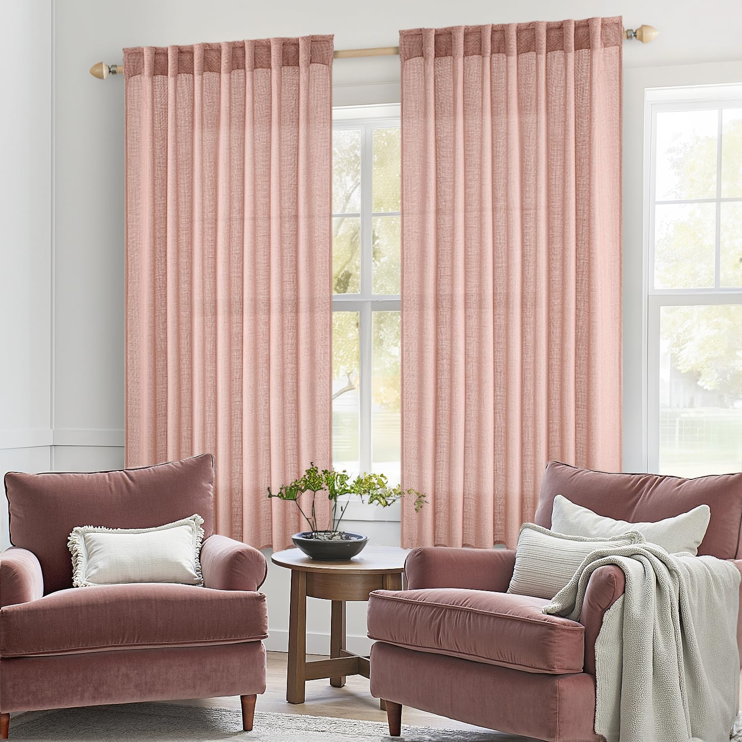 MIULEE Blush Pink Linen Curtains close-up of woven texture and fabric quality.