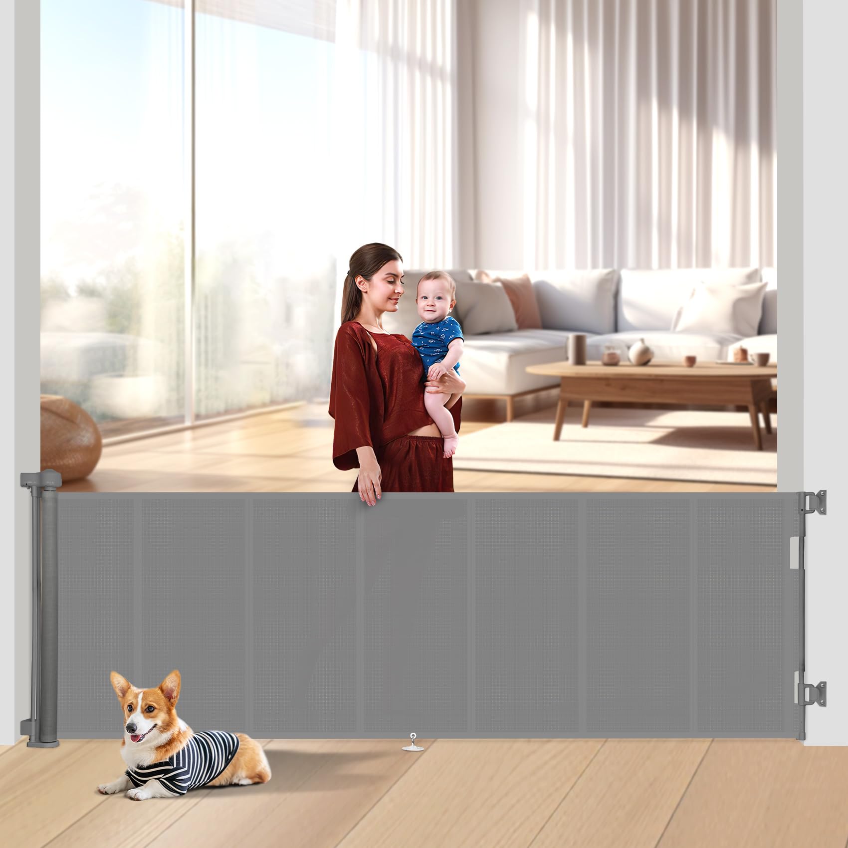 Miumoon 120-inch retractable baby gate showing wide coverage for stairways and openings
