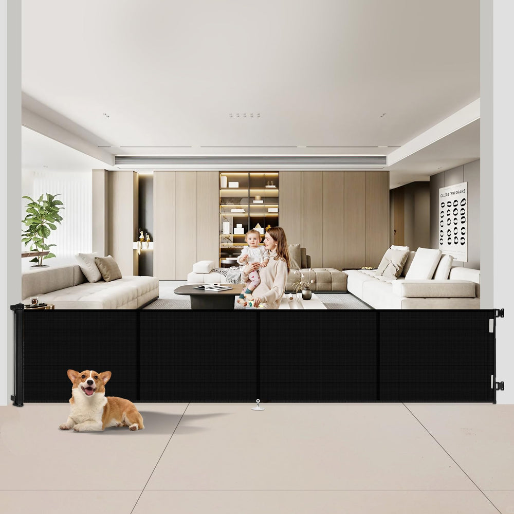 Miumoon 200-inch retractable gate fully extended for wide doorway use, ideal for wide openings.