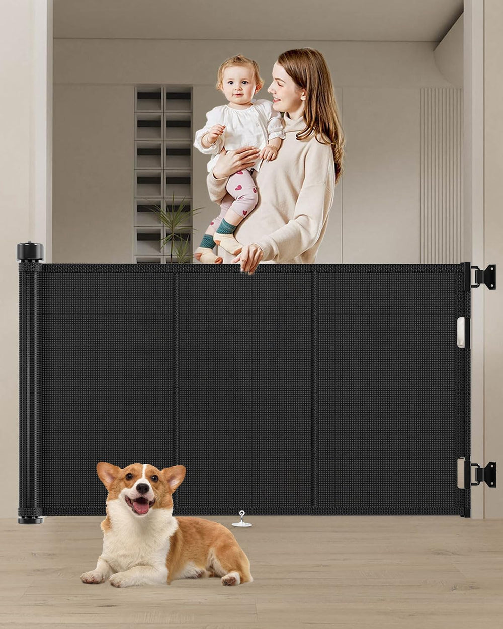 Miumoon 71-inch retractable baby gate assembly showing sturdy, smooth operation