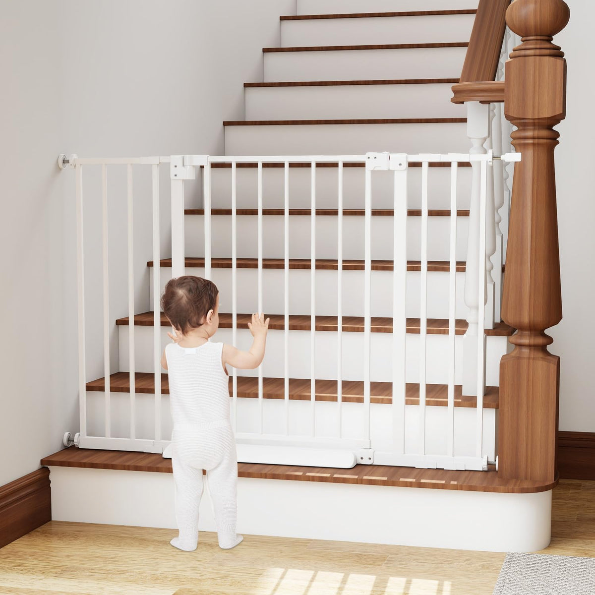 Miumoon baby gate with banister adapters secures stairs access
