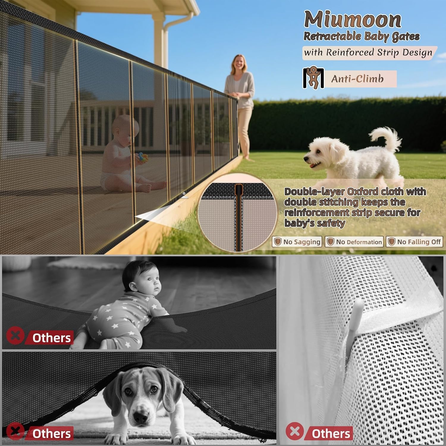 Miumoon gate 34-inch tall suitable for stairs and doorways for safe access.