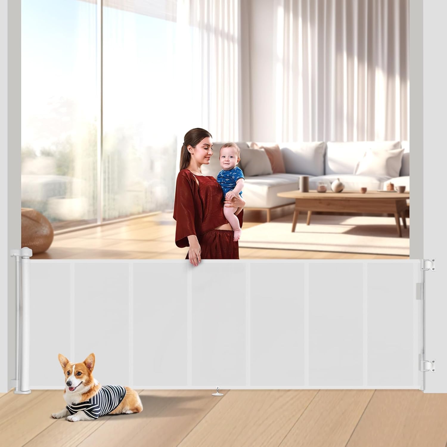 Miumoon retractable baby gate installation-ready demonstrates quick setup for stairs and doorways.