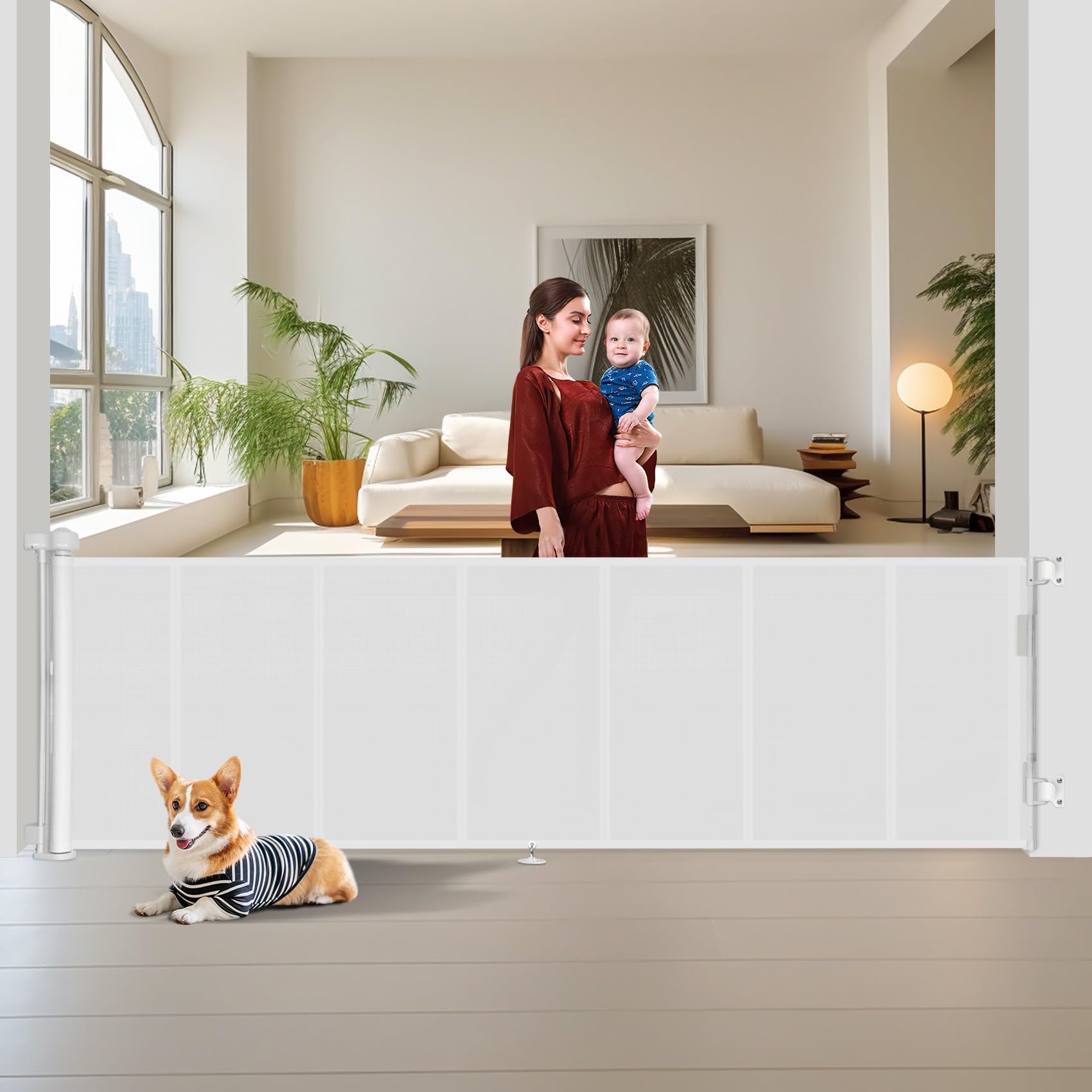 Miumoon retractable baby gate for stair installation offers secure access.