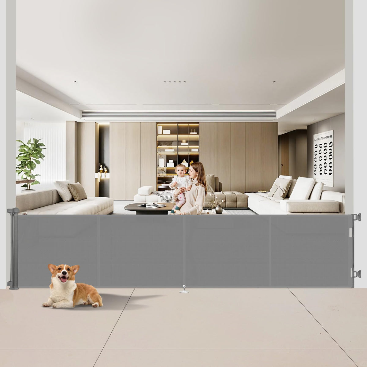 Miumoon retractable gate in a 200-inch wide opening for safe doorway access