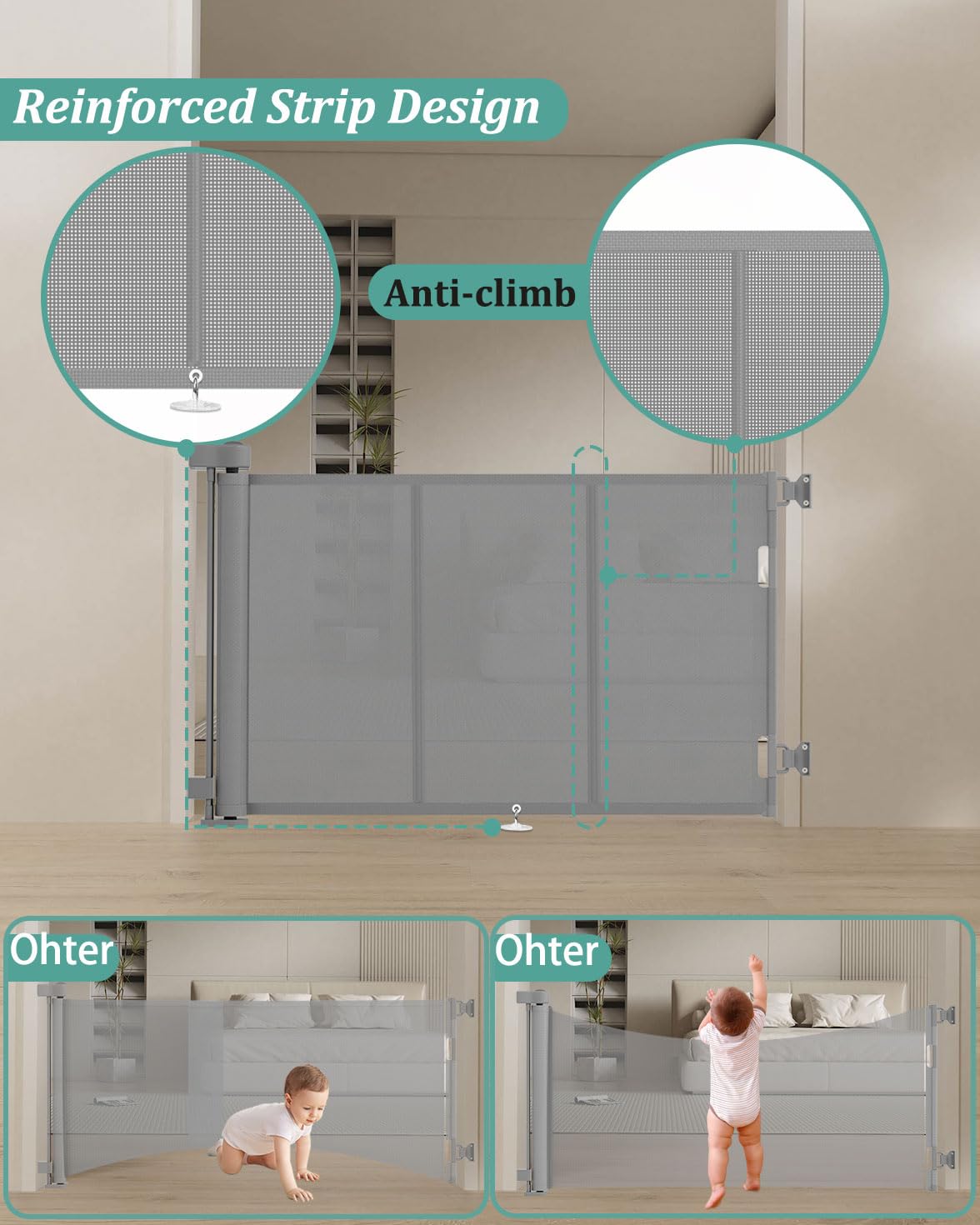 Miumoon retractable gate closed across doorway keeps kids safe.