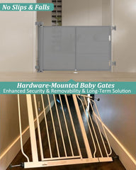Miumoon retractable gate double-lock system illustrates one-handed operation for adults.