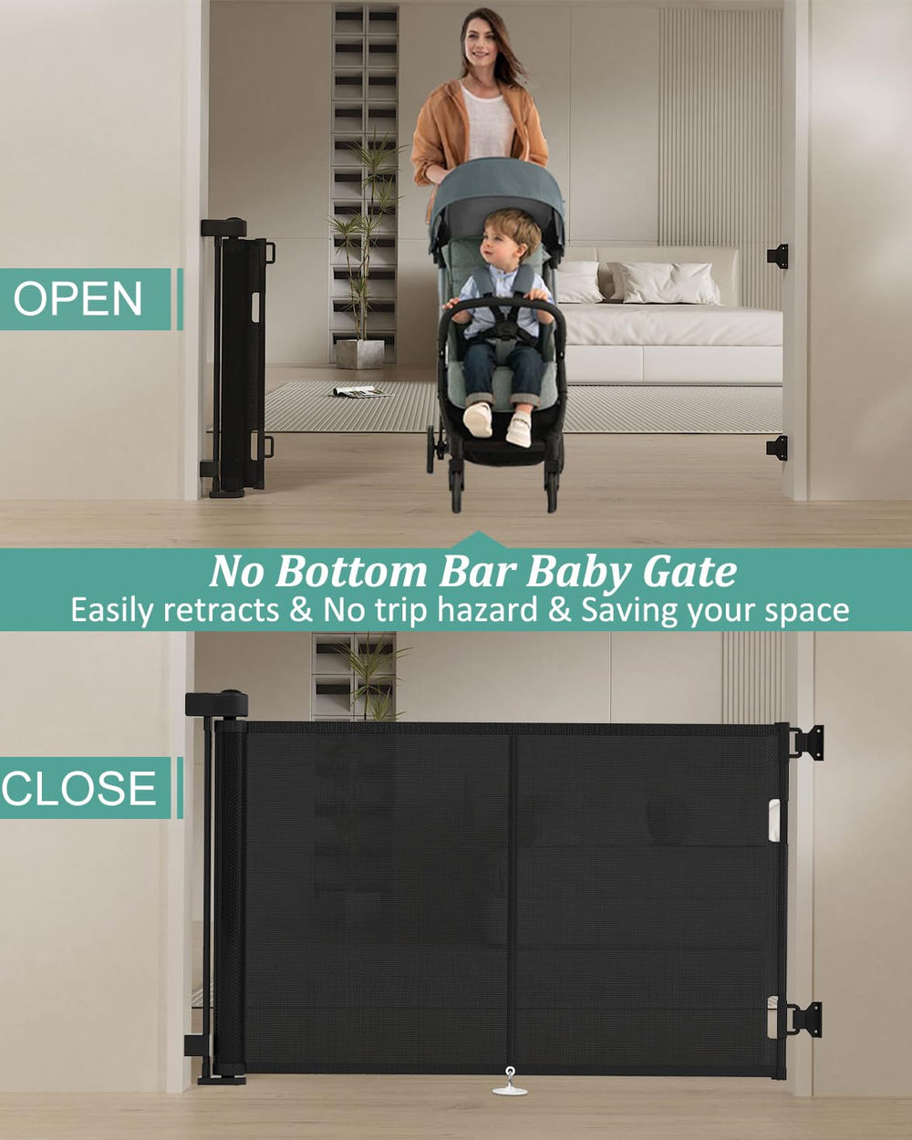 Miumoon retractable gate double-lock close-up demonstrates easy operation