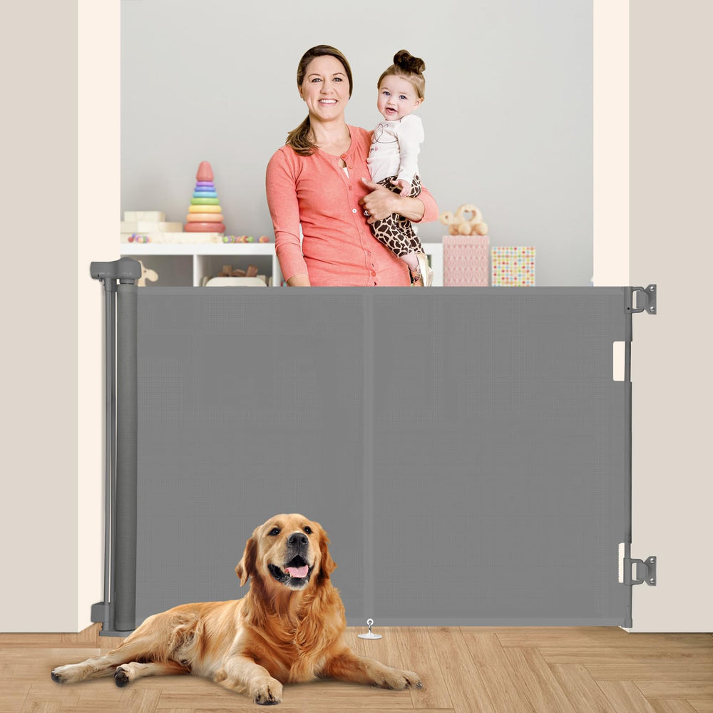Miumoon retractable gate on stairs with reinforced fiber bar for stability.