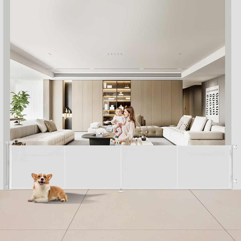 Miumoon retractable gate installed in a doorway, showcasing wide passage for kids and pets