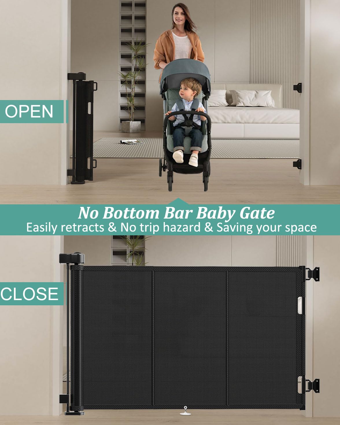 Miumoon soft mesh baby gate protects little ones during play.