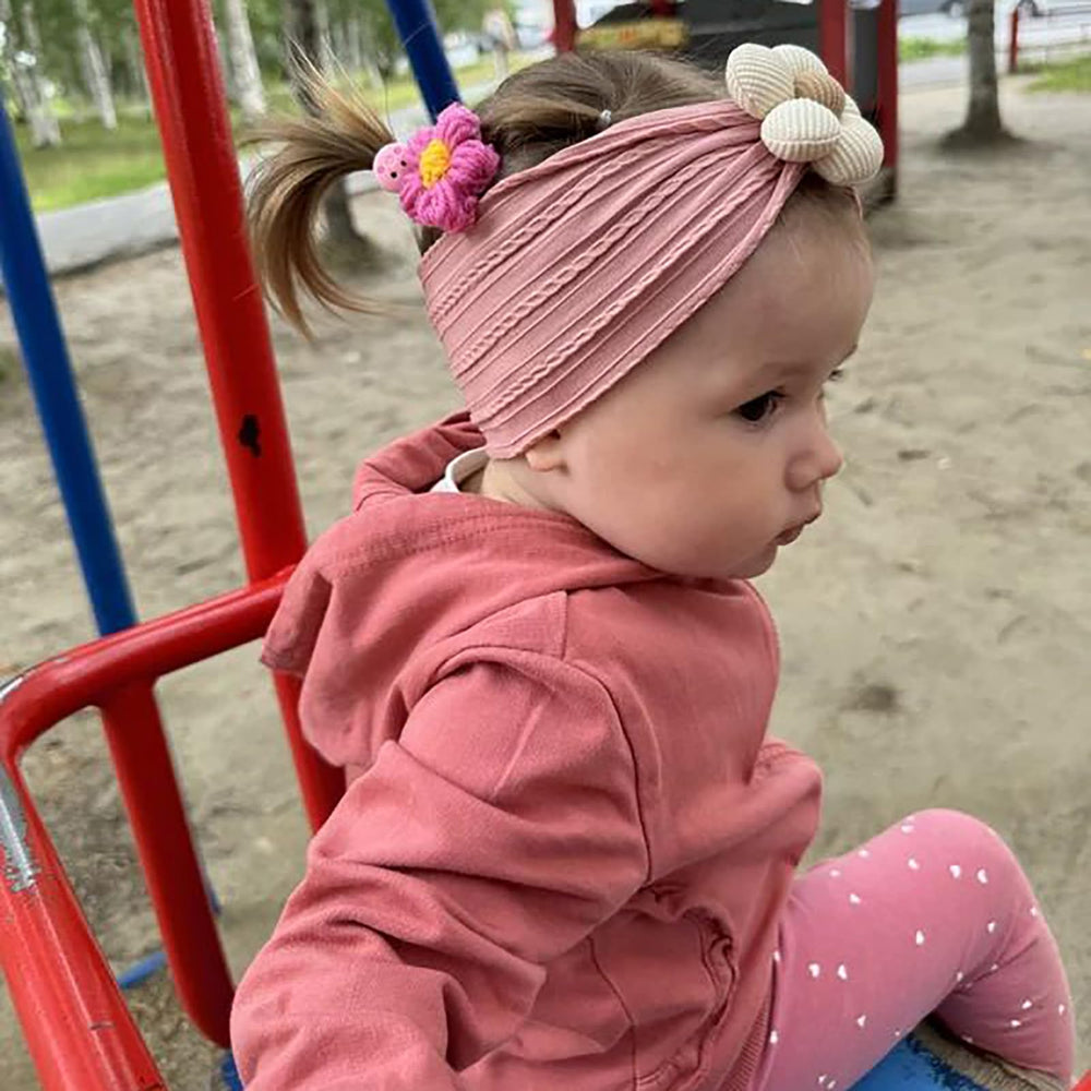 MIUXUESO baby flower headband pink front view, gentle elasticity for growing toddlers
