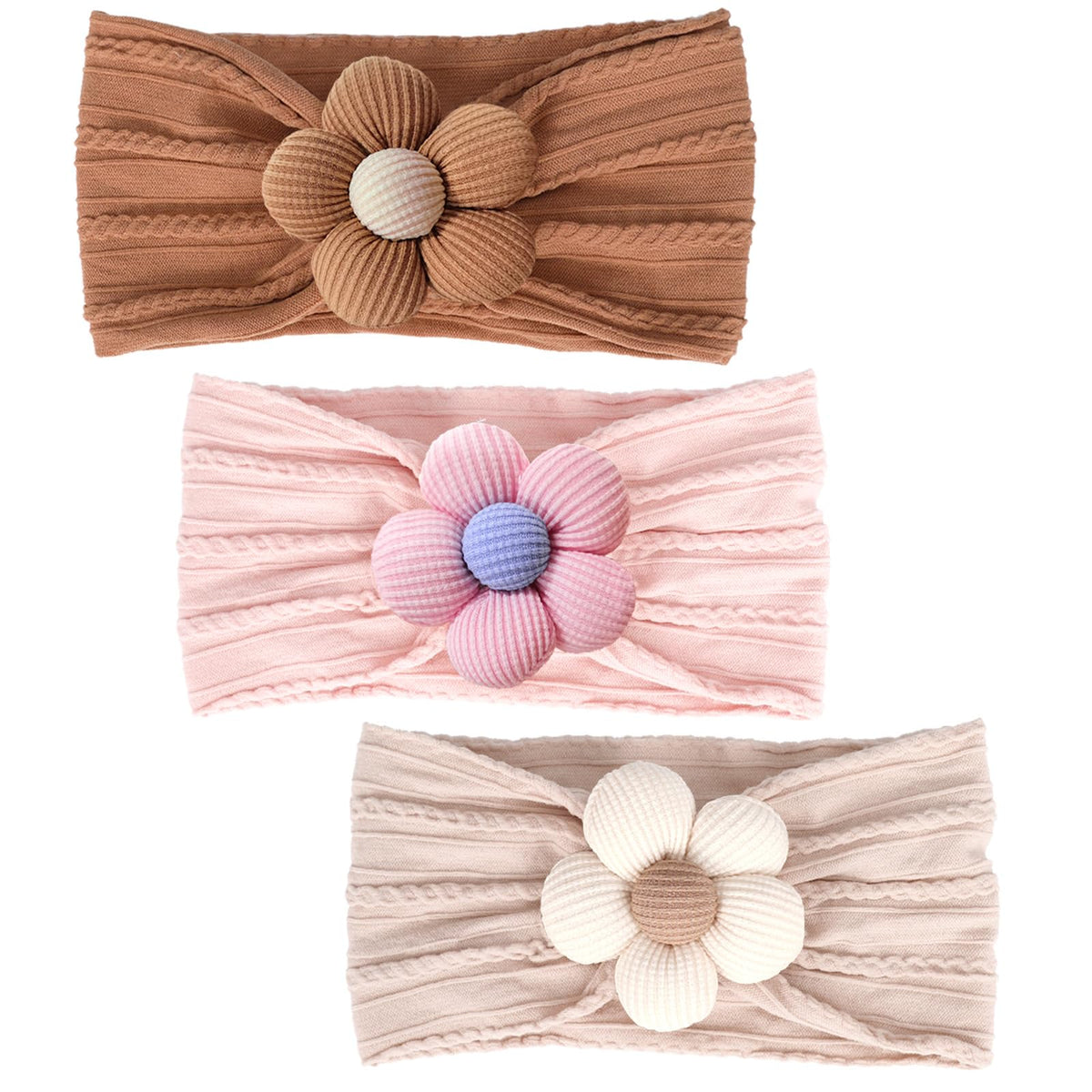 MIUXUESO baby flower headbands beige close-up showing soft elastic fit for newborns