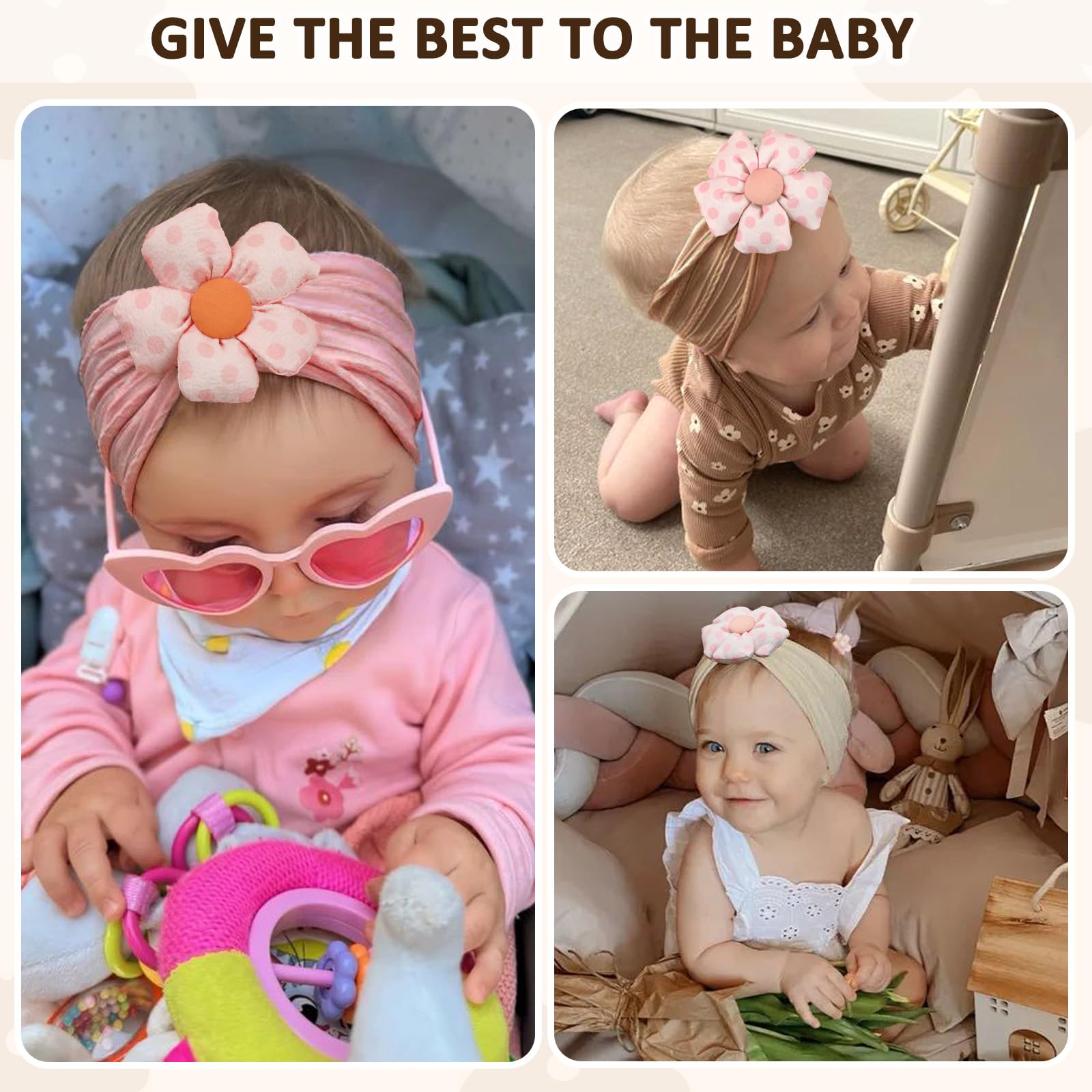 MIUXUESO brown flower headband with comfortable fit from newborn to toddler