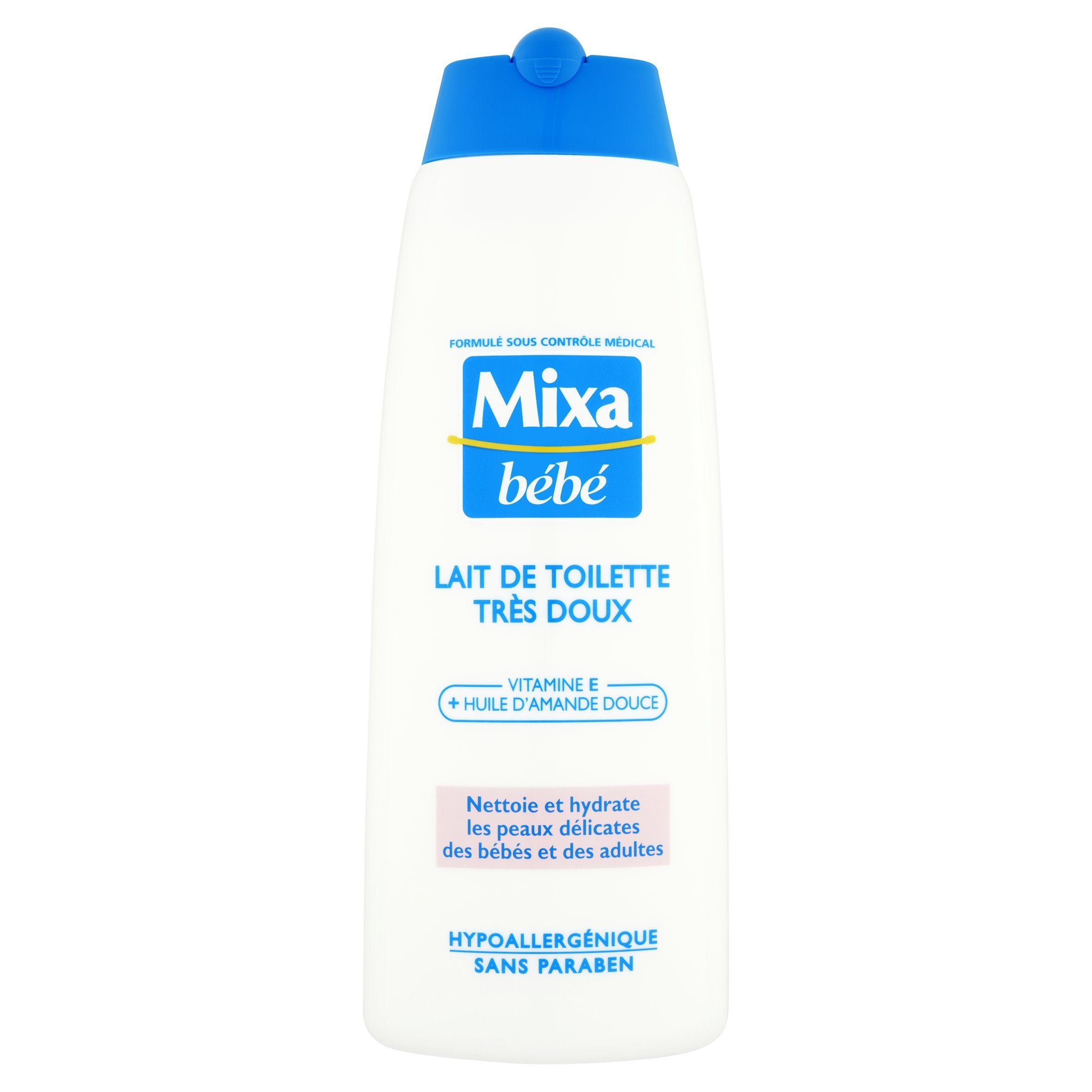Mixa Baby Lotion bottle shows gentle, hypoallergenic formula for sensitive skin.
