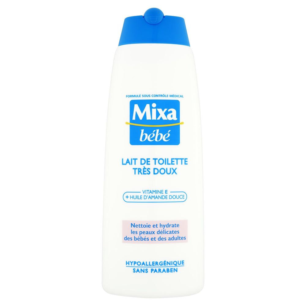 Mixa Baby Lotion bottle shows gentle, hypoallergenic formula for sensitive skin.