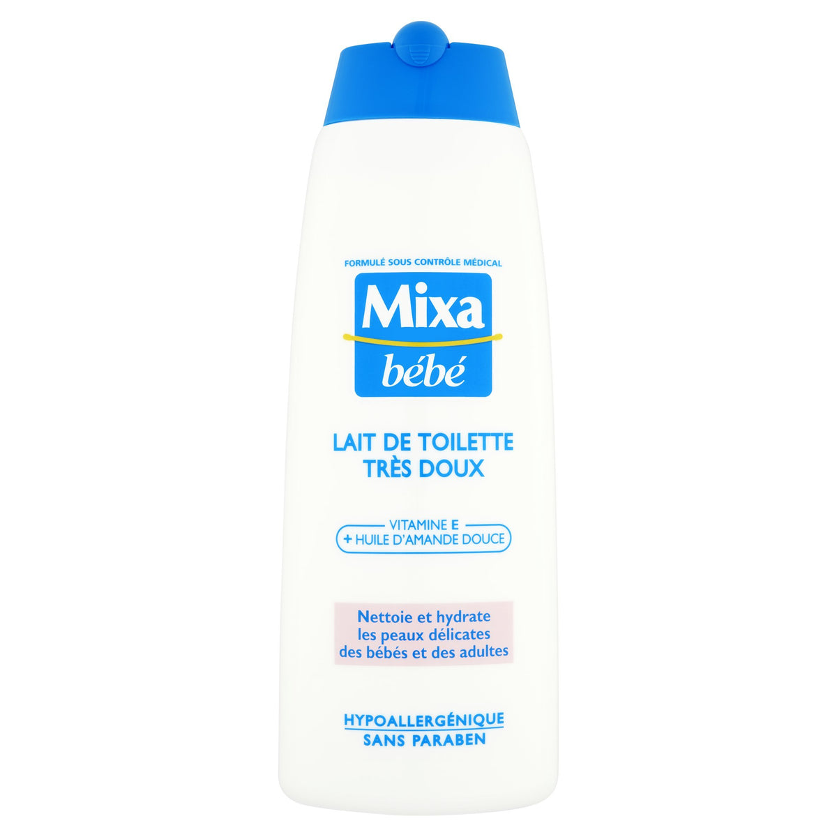 Mixa Baby Lotion bottle shows gentle, hypoallergenic formula for sensitive skin.