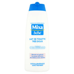 Mixa Baby Lotion bottle shows gentle, hypoallergenic formula for sensitive skin.