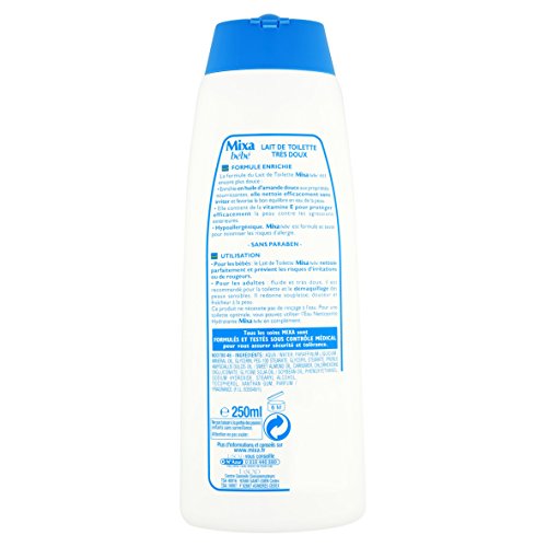 Mixa Baby Lotion ingredients label highlights vitamin E and almond oil for nourishing skin.